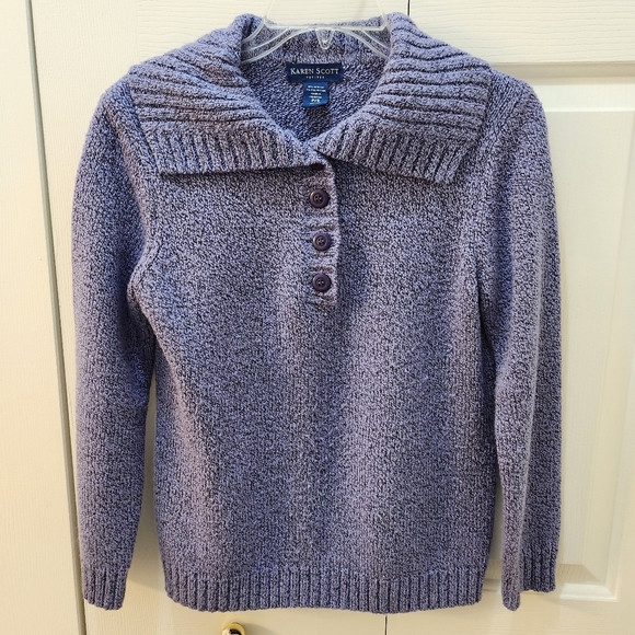 Karen Scott Sweaters - Karen Scott Women's Petite S Purple/Blue Heathered Sweater 4 Buttons Wide Collar